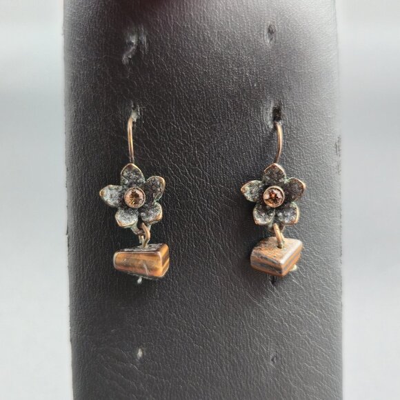 Copper Flower Crystal And Tiger's Eye Stone Earrings A6499 - Picture 1 of 5